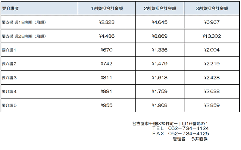 あいじゅ本山料金表2